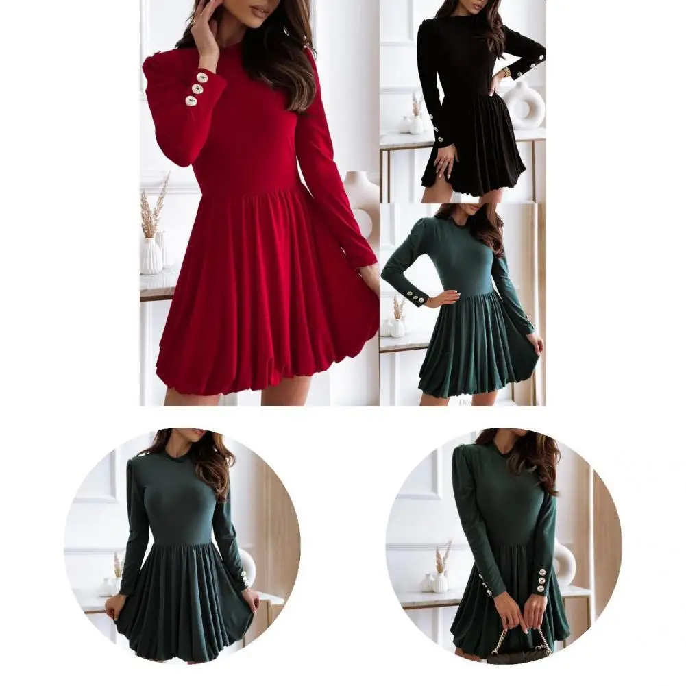 

Stylish Party Dress Pleated Hem Slim Elegant Pure Color Above Knee Dress