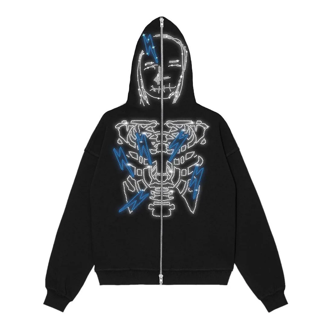 Mens Hip Hop Joggers Sweatshirt Fashion Punk Sport Coat Pullover Skull Graphics Gothic Oversized Full Zip Hoodie Y2k Jacket Men