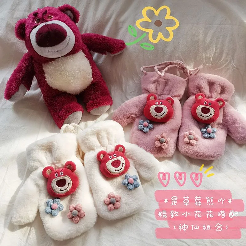 

Sanrio Strawberry Bear Gloves Winter Fleece Thickened Warm Cold Cycling Kawai Winter Warm Thickened Student Five Finger Gloves