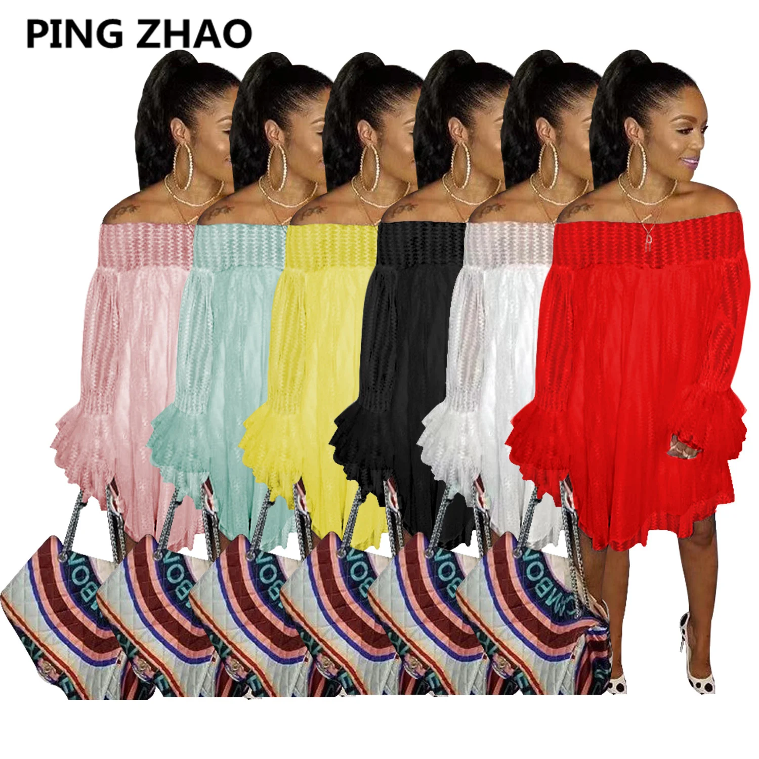 

Женское платье с открытыми плечами PING ZHAO, кружевной тюлевый рукав, свободная Праздничная пляжная одежда с открытой спиной для отпуска, летн...