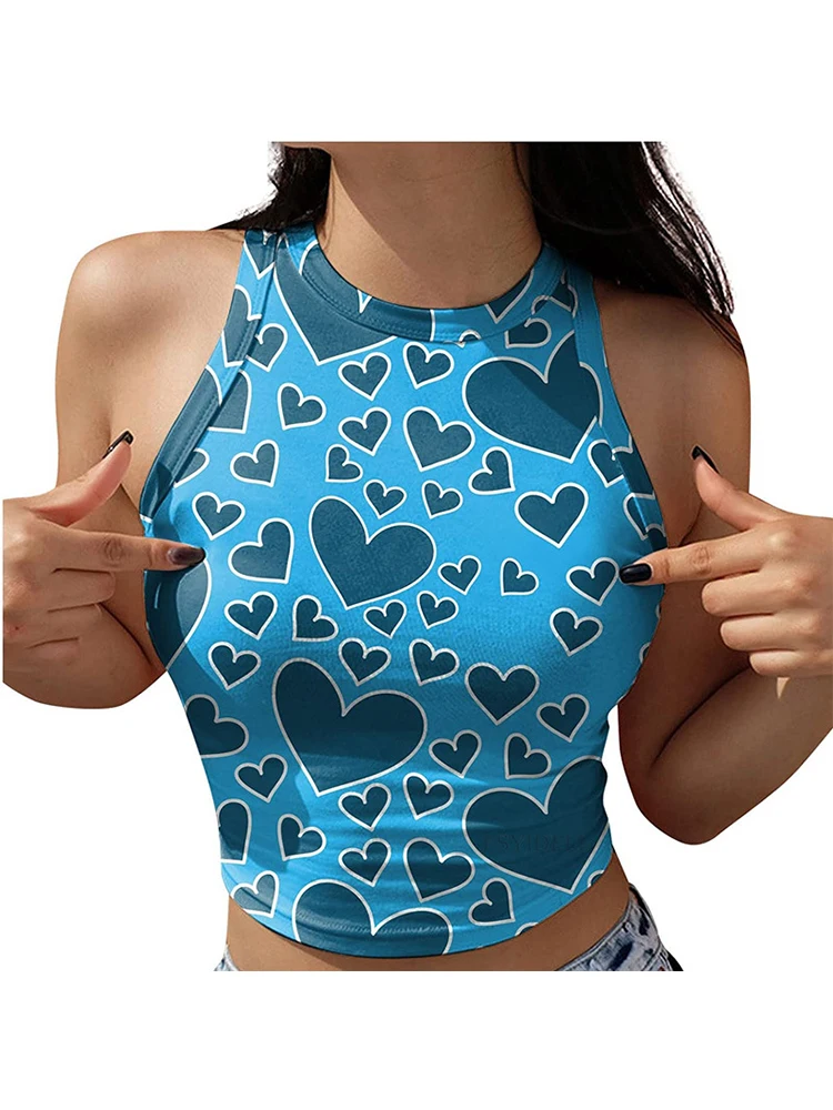 

Женский жилет с модным принтом и круглым вырезом, повседневные облегающие короткие майки для женщин, Летний Топ Без Рукавов I-образной формы...