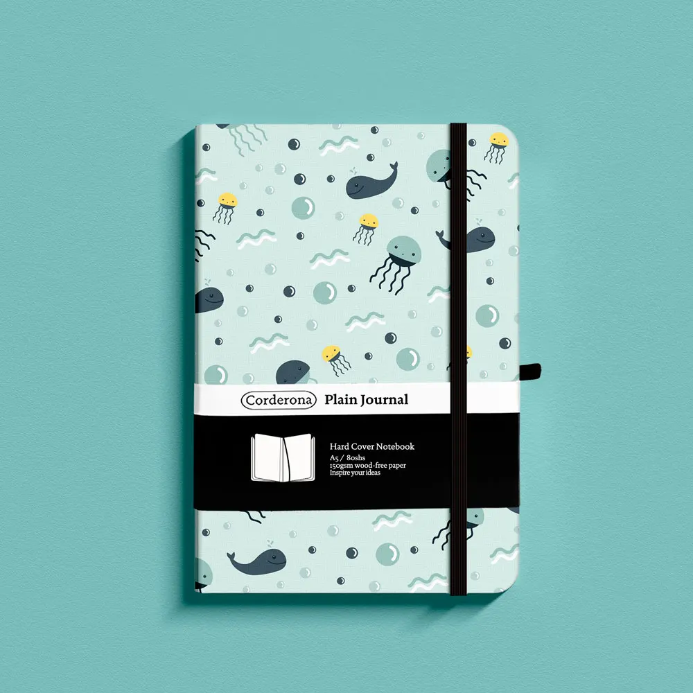 Whale and Jellyfish Plain Journal A5 150gsm Elastic Band Hardcover Blank Notebook