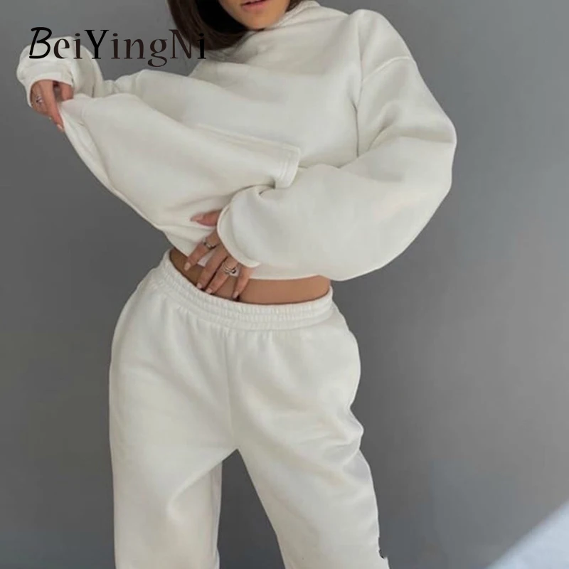 

Beiyingni Fashion Two Piece Set Solid Long Sleeve Sportswear Pockets White Hooded + Elastic Waist Midi Pantaloons Pant Lady Suit