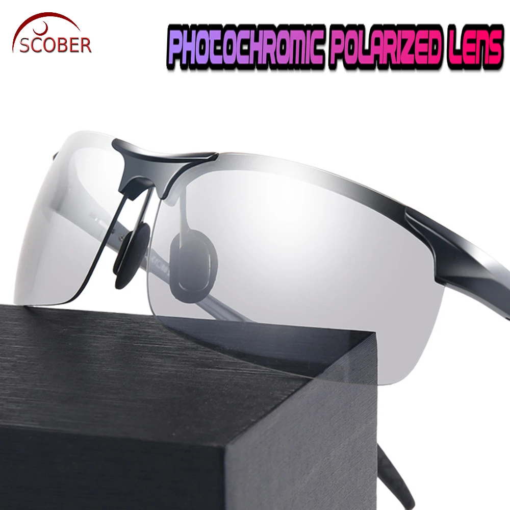 

SCOBER = AL-mg alloy Men Photochromic Polarized Sunglasses Rimless Frame UV Polaroid Sports Driving Outdoor Designer Sun Glasses