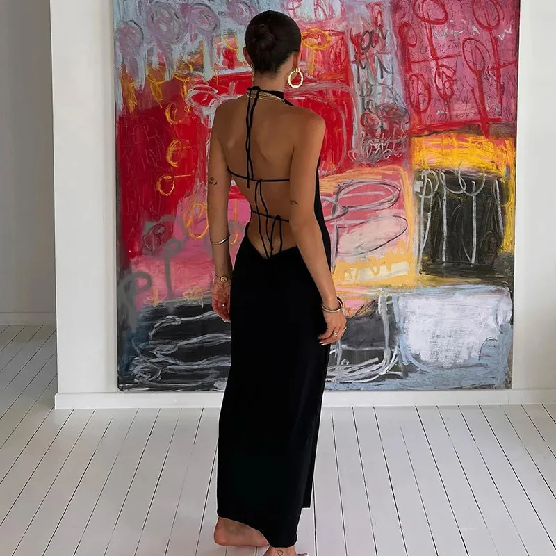 

Elegant Bandage Backless Summer Dresses Woman 2022 Knitted Sexy Halter Bodycon Maxi Dress for Women Clothing Black Robe Femme