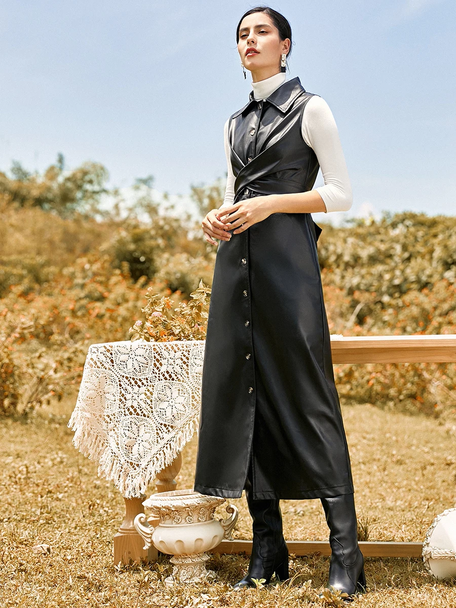 

Women Vintage Front Cross Buttons Leather Dress Sleeveless Turn Down Collar High Street Casual Dress 2022 Summer New Fashion