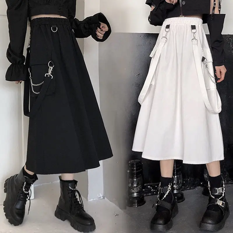 

White Gothic Long Skirt Women Punk Chain Pocket Loose Strap Black High Waist Midi Skirt Grunge Harajuku Streetwear
