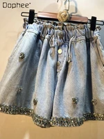loose casual summer washed denim shorts women 2022 new light color exquisite rhinestone high waist slimming and wide leg shorts