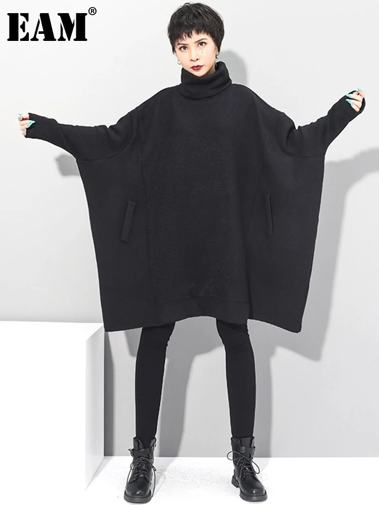 

[EAM] Women Black Brief Big Size Knitting Dress New Turtleneck Long Sleeve Loose Fit Fashion Tide Autumn Winter 2022 1DC420