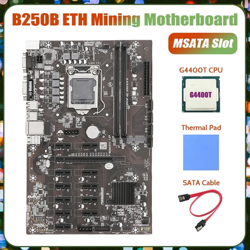 

Материнская плата B250B ETH для майнинга + процессор G4400T + термоподушка + кабель SATA LGA1151 DDR4 12x, слот для графической карты MSATA для майнинга BTC