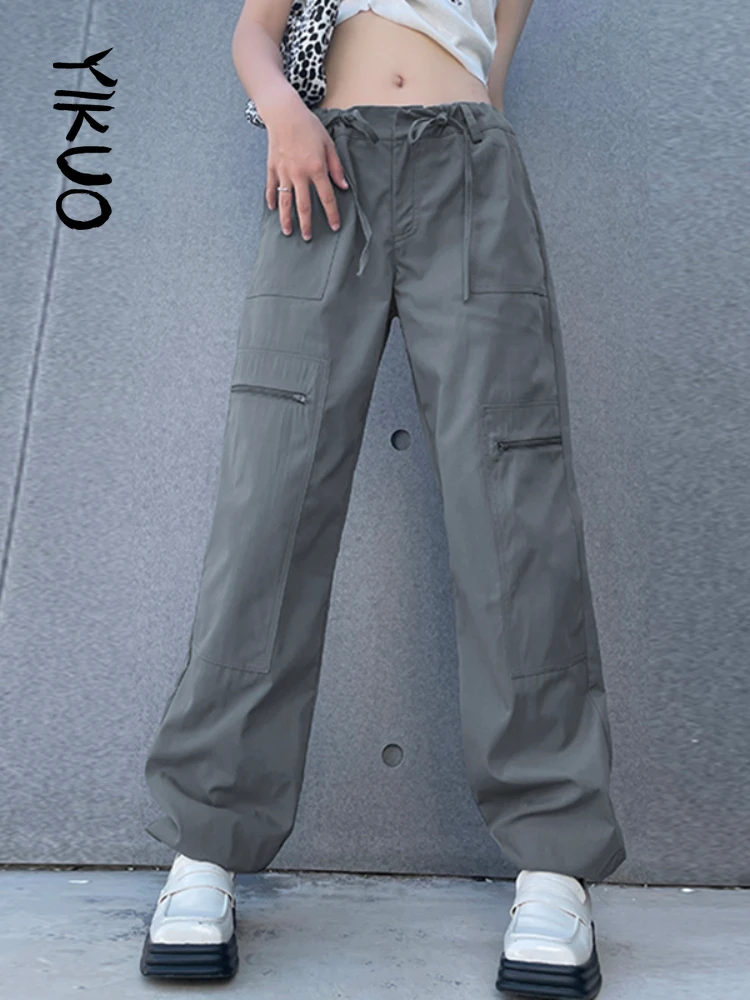 

YIKUO Y2K Zipper Pockets Cargos Sweatpants Women Bandage Drawstring Loose Trousers Baggy Joggers Summer 2022 Korean Casual Pants