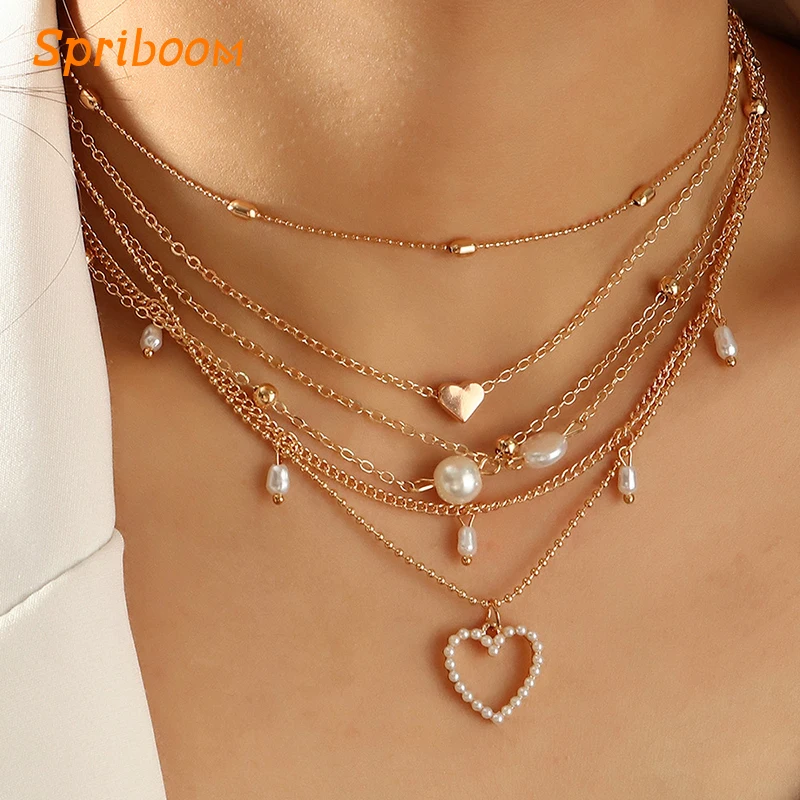 

Bohemia 6 Layered Heart Pearl Necklace for Women Baroque Pearls Hollow Hearts Pendant Necklaces Multilayered Chokers Jewelry Set