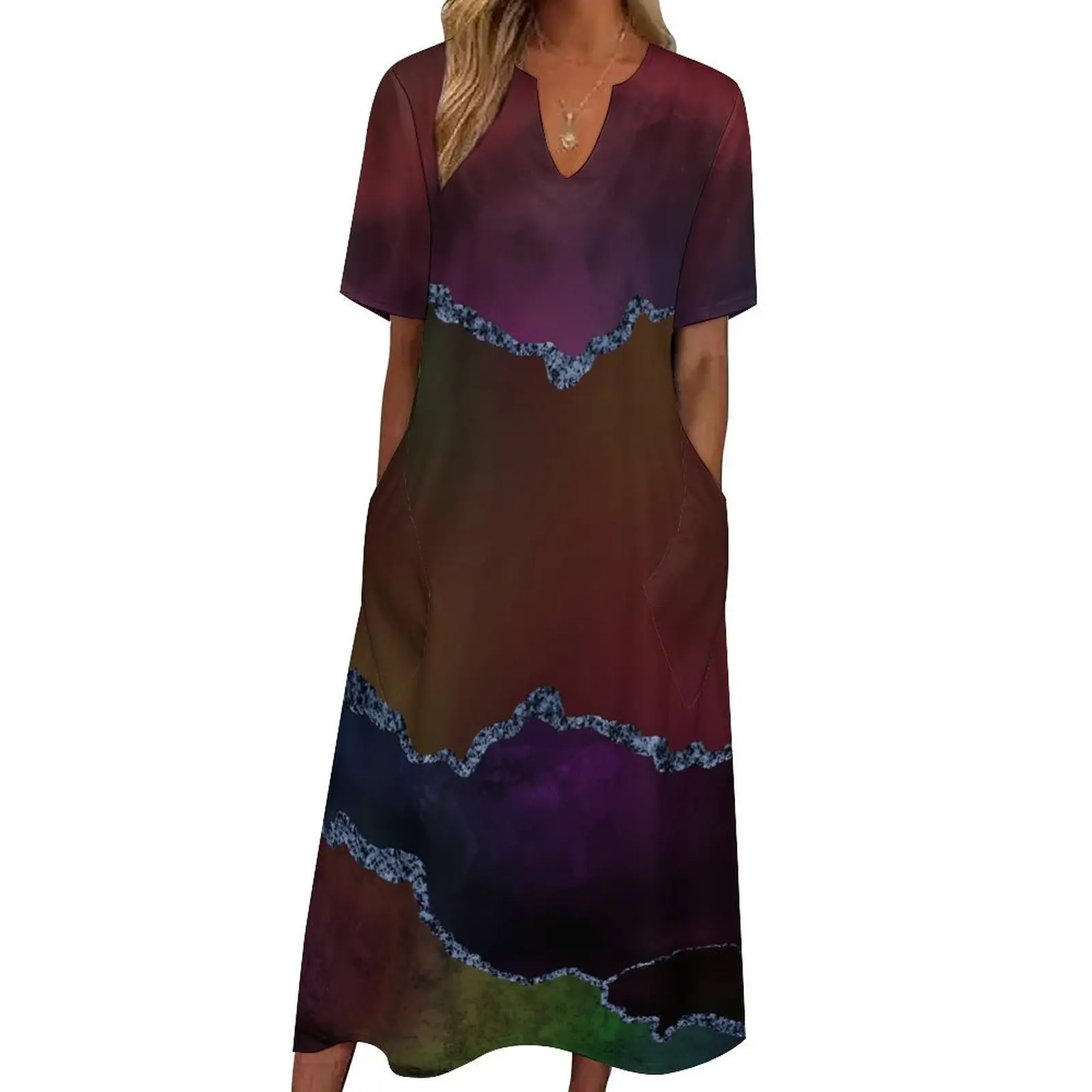 

Женское платье с мраморным принтом, повседневное длинное платье большого размера с V-образным вырезом