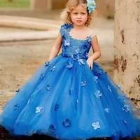 royal blue puffy flower girl dresses for wedding 3d appliqued ball gown pageant party tulle dress kid first communion dress