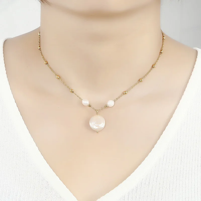 

Stainless Steel Necklace High Quality Waterproof 18K Gold Classic French Bead Necklace round Baroque Freshwater Pearl Penn Incom