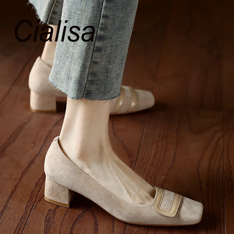 Cialisa Women Pumps 2022 Spring Autumn New Square Toe Apricot Kid Suede Shoes Comfortable 4cm Mid Heels Female Footwear Size 40