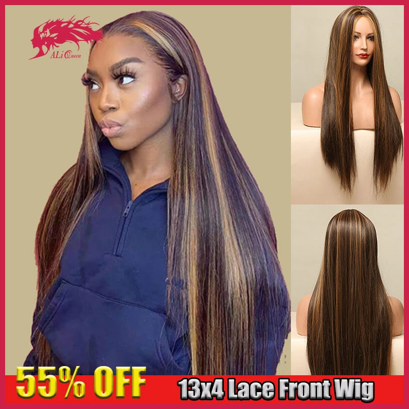 Ali Queen 28 30 Inch Highlight Ombre Lace Wig Straight Blonde Colored Human Hair Wig 13X4 Lace Front Wigs For Black Women Party