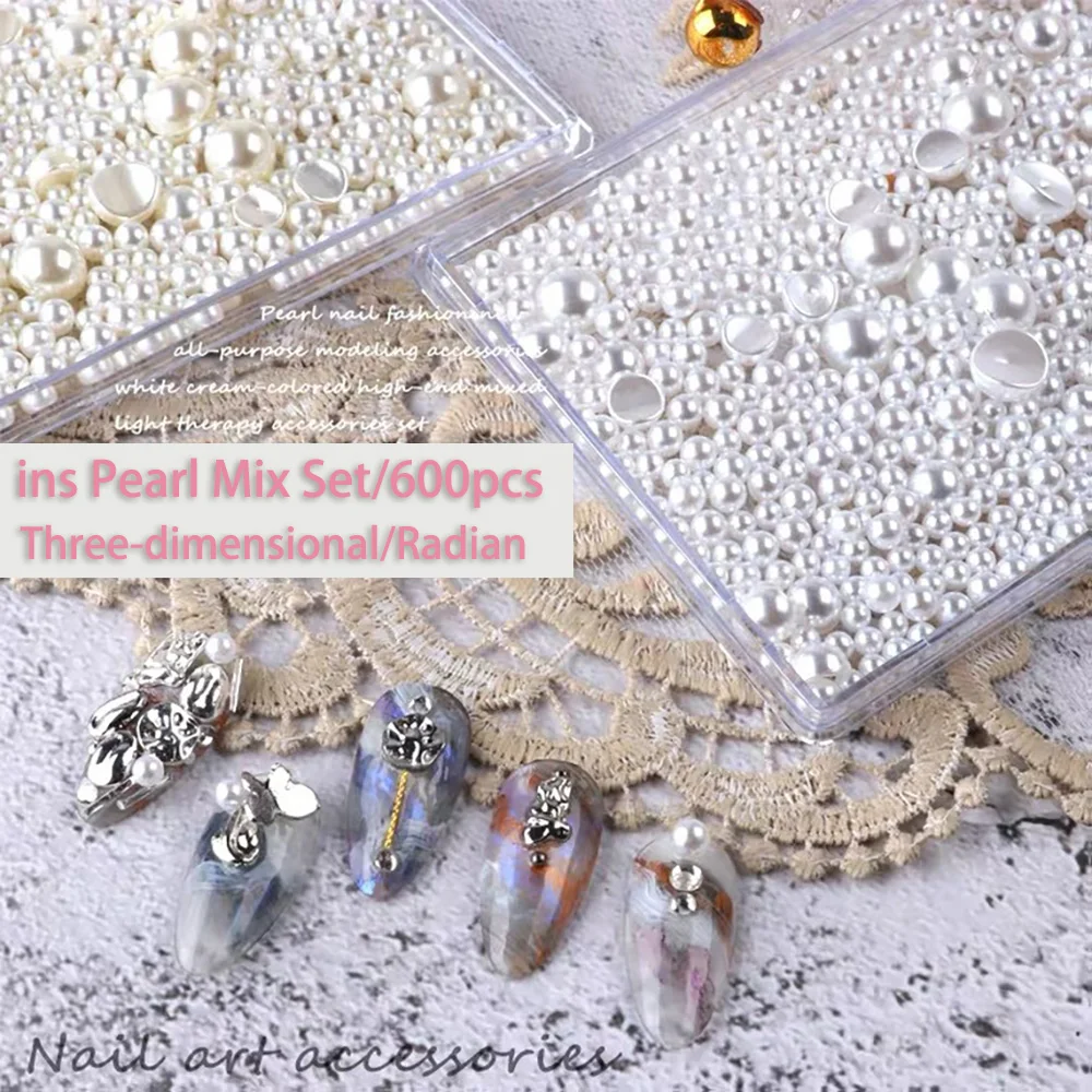 

1 Box Pearl Nail Art Decoration 3D Mixed Size White Pearl Nail Charm DIY Three-dimensional/Radian Bead Stones Nail Accessories