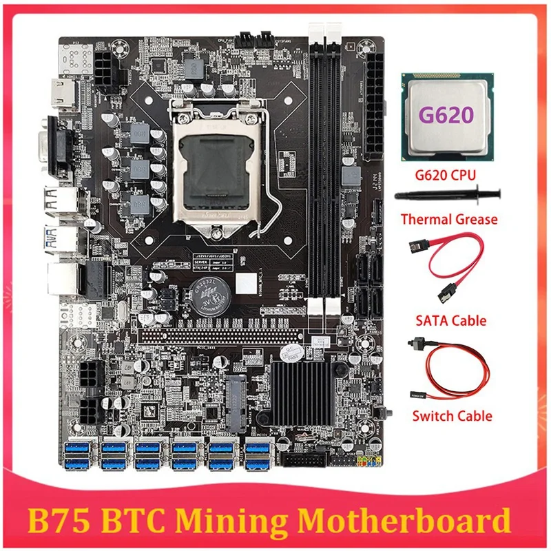 

Материнская плата B75 ETH для майнинга, материнская плата 12 PCIE на USB MSATA DDR3 с процессором G620 + кабель переключения + кабель SATA B75 USB BTC