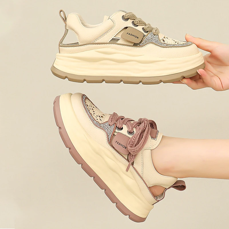 5cm Lace Rhinestone Decor Genuine Leather Slides Hollow Ladies Summer Breathable Ankle Boots Women Platform Sandals Wedge Shoes