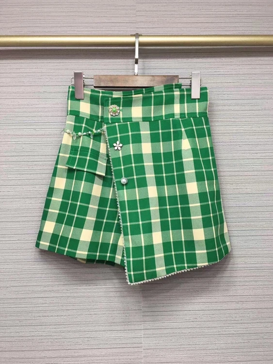 

2022 new women fashion green plaid fashion culottes shorts diamond bead chain casual pants 610