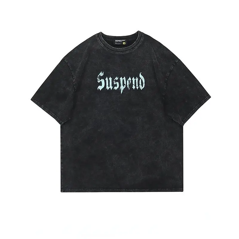 

American Mens Retro Old Printed Washed Short Sleeved T Shirt Relaxed Couple Casual Tee for Summer