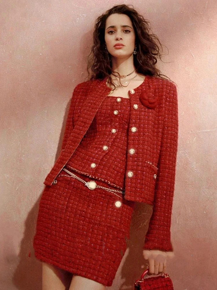 

Designer heavy craft retro woven chain tweed silk lined short jacket for women's new fall fashion all-in-one straight jacket top
