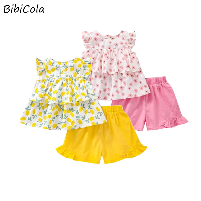

Kids Girls Summer Clothes Set Girls Cute Clothing Set Fashion flowers pleats Sleeveless Tops+shorts 2pcs For 1-5Y Girls New Set