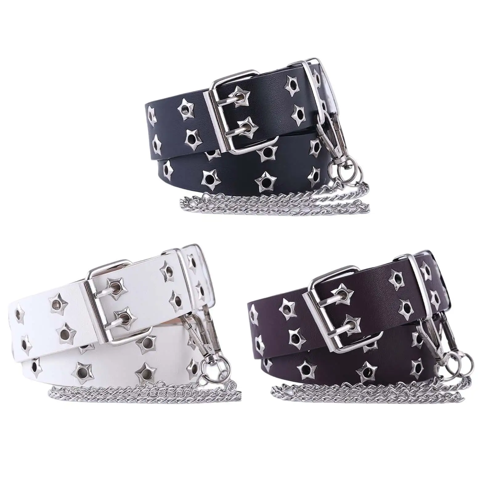 

Fashion Double Grommet Twin Prong Buckle Leather Casual Jean Belt Adjustable Casual Double Hole Grommet Belt for Women Jeans