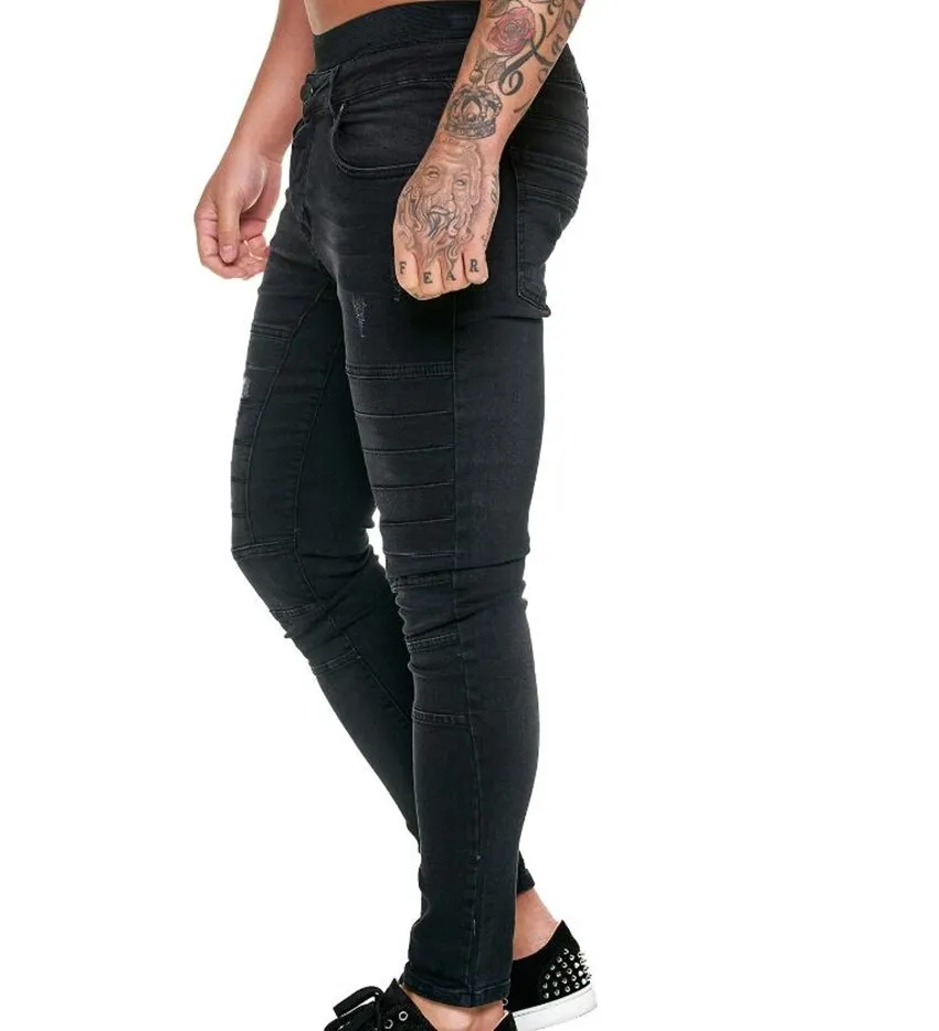 European American Mens Fashion Skinny Jeans Solid  Black Blue Hip-Hop High Street  Style Slim Fit Denim Casual Pencil Pants