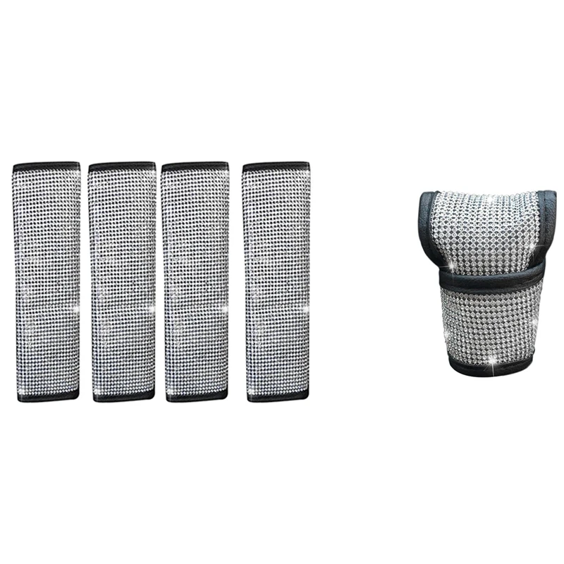 

4 Packs Seat Belt Shoulder Pads, Luster Crystal Car Seat Belt Covers & 1X Auto Shift Gear Cover, Luster Crystal