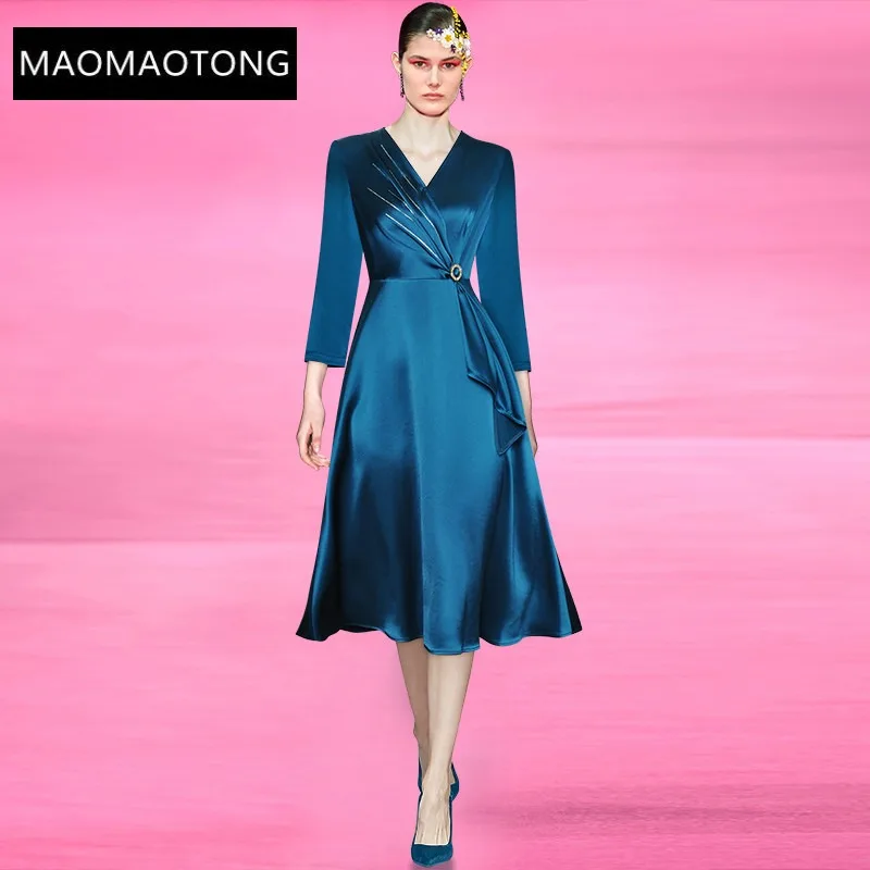 

Fashion Designer dress Spring Women's Dress 3/4 sleeves V neck Beaded Ruffles Solid color Elegant Dresses