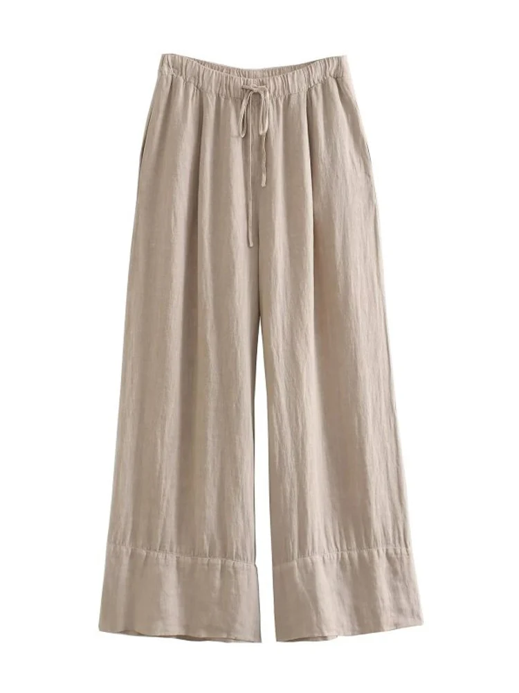 

Женские широкие брюки на завязках Kumsvag, однотонные льняные элегантные брюки с широкими штанинами и поясом на резинке, одежда на лето 2023
