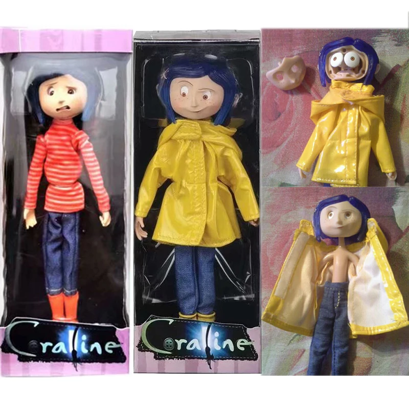 

Coraline Doll NECA Figure Bobble Head Jones Head Knocker Doll The Secret Door Y La Puerta Secreta Raincoat Doll Decoration Toy