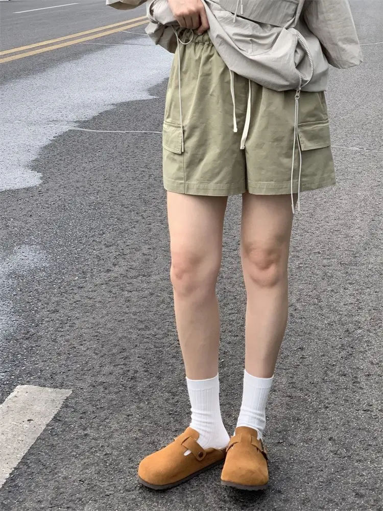 HOUZHOU Cargo Shorts Women Vintage Japanese Style Casual Baggy Black White Short Pants High Waist Short Female Summer Streetwear