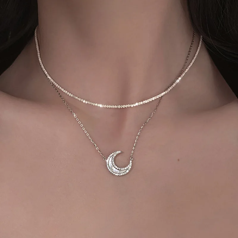 

New Fashion Silver Color Sparkling Clavicle Chain Choker Necklace Collar For Women Shiny Zircon Moon ECG Necklaces Party Jewelry