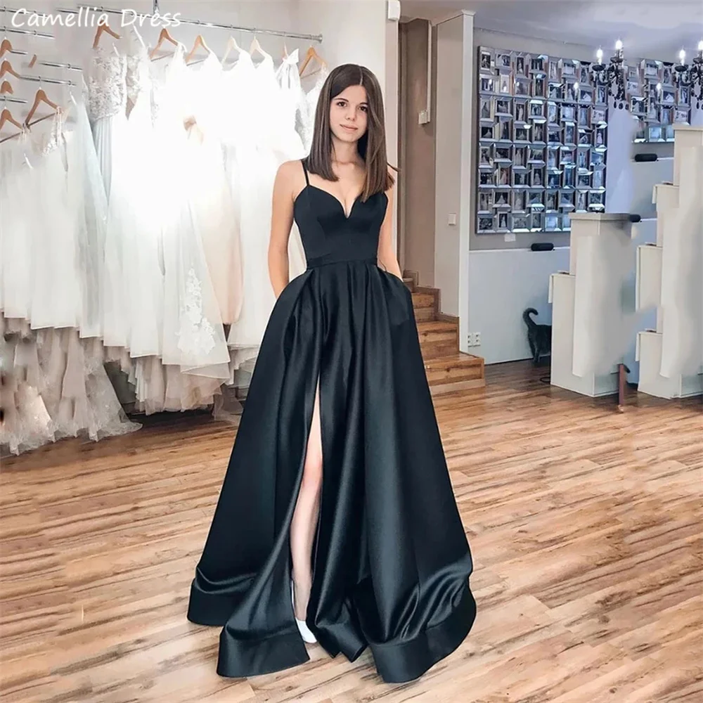 

Elegant Black Long Formal Evening Dresses Spaghetti Strap A-Line High Slit Satin Simple Prom Party Gowns Robe De Soirée فستان سه