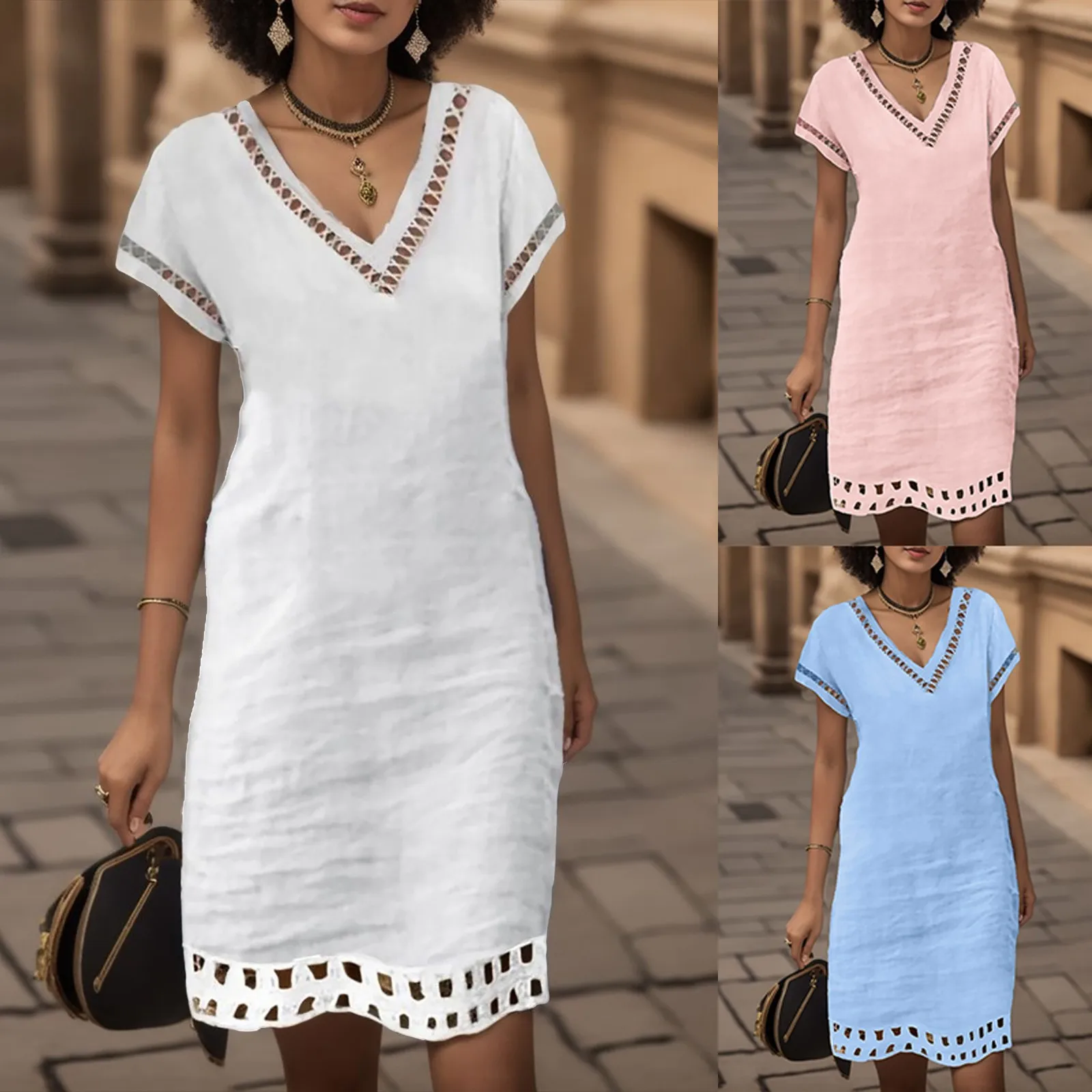 

Женское платье-миди с коротким рукавом, свободного кроя