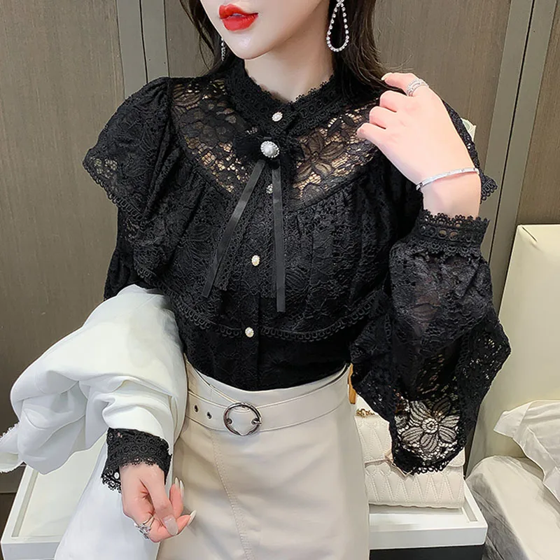 Женская кружевная блузка элегантная Осенняя с цветочным принтом оборками и