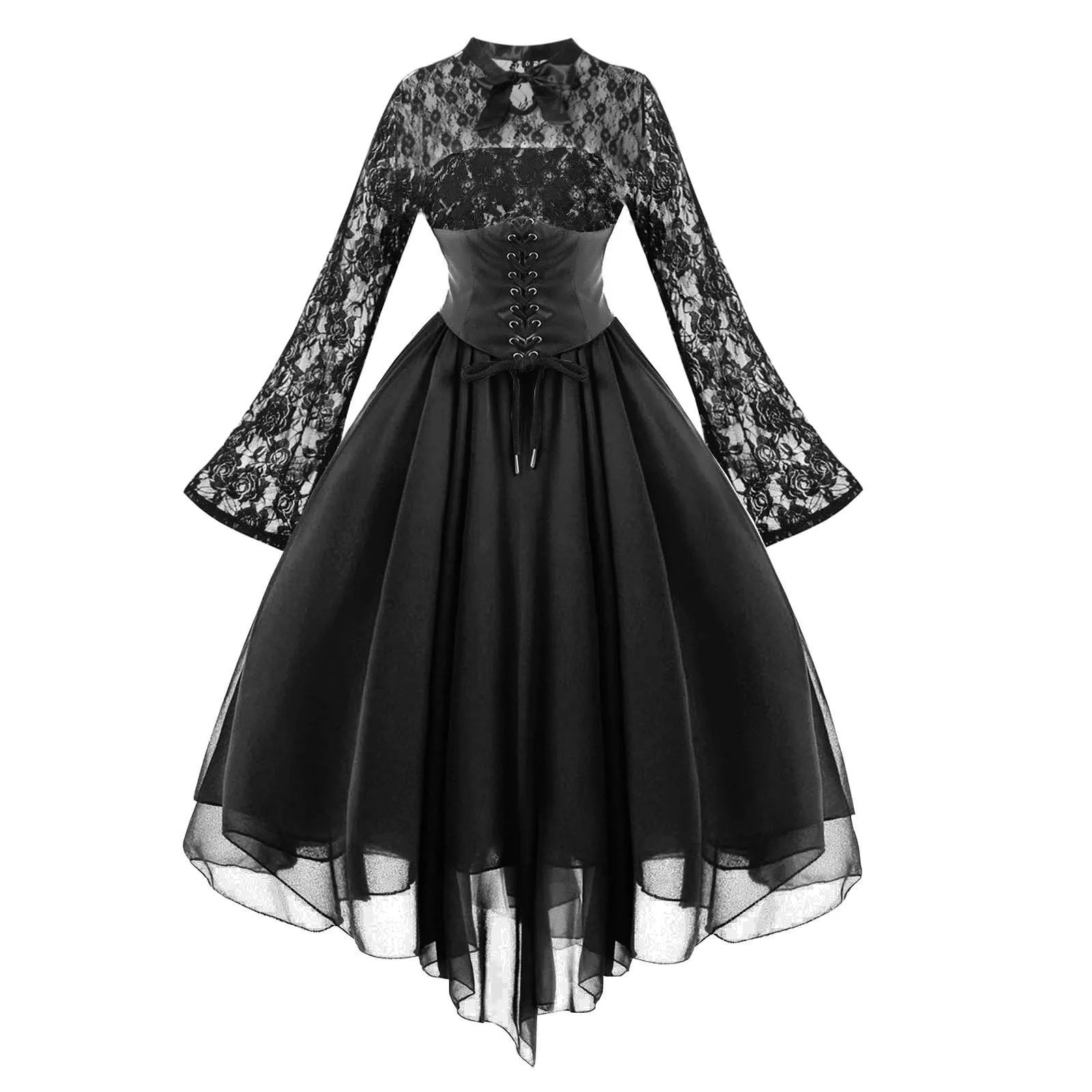 

Medieval Coat of Arms Cocktail Dresses For Women Fashion Gothic Style 1950s Vintage Midi Dress Croset Long Flare Sleeve A Line