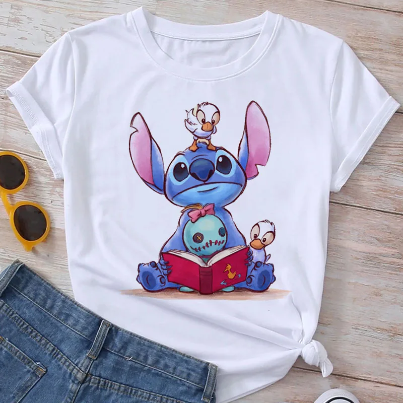 

Disney Lilo Stitch Women T Shirt 2023 Summer Kawaii Steetwear Pattern Short Sleeves T-shirt Harajuku O-Neck Y2k Clothes Tops Tee