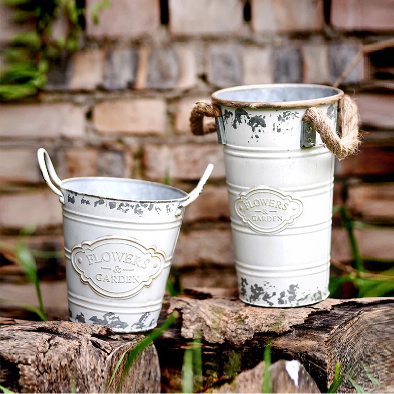 

Dried Flower Tin Bucket Vase Metal Iron Retro White Home Living Room Decoration Garden Ornament Hemp Rope Binaural Flower Pot
