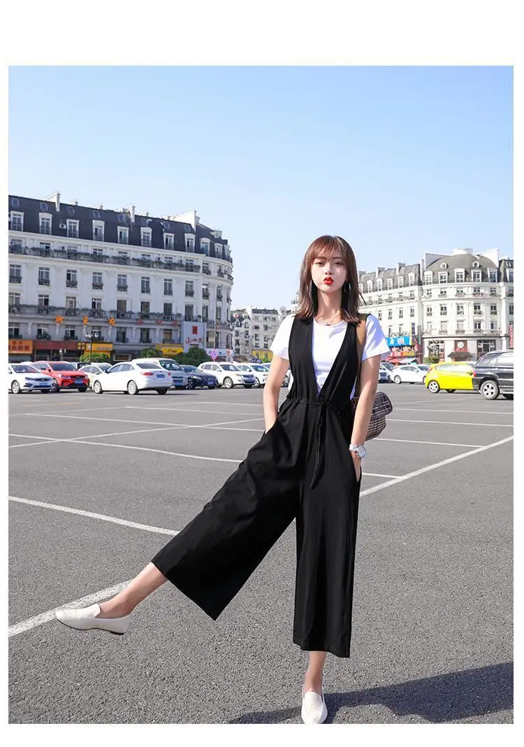 One Piece Jumsuits for Women Summer New Stylish Overalls Korean Black Wide Leg Calf Legnth Pants Jump Suits Slim Fashion Outfits