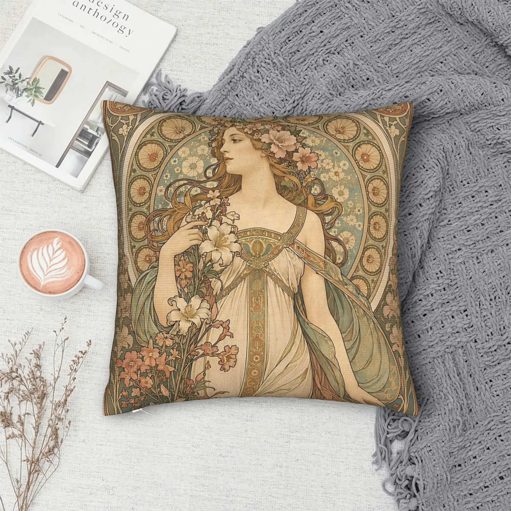 Фото Наволочки Alphonse Mucha Spring 1898, квадратные наволочки, модные декоративные наволочки на молнии для дома, 45x45 см №5