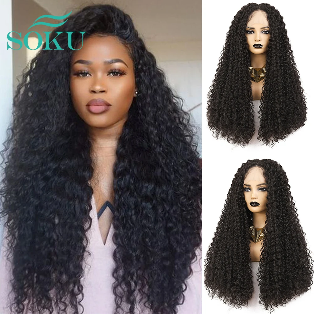 

Kinky Curly Lace Front Wig Middle Part Synthetic Wig With Baby Hair SOKU Natural Color Heat Resistant Fiber Hair For Black Women
