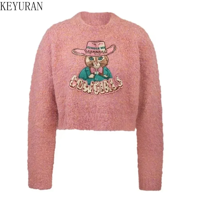 

Pink Cartoon Embroidery Knitted Sweater Pullover Women New Spring Autumn Vintage Fashion O-neck Long Sleeve Knitwear Tops Jumper