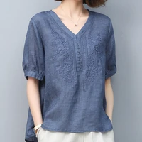 linen lace women vintage thin shirts tops v neck half sleeve blouses 2021 summer button new chinese style loose pullover shirts