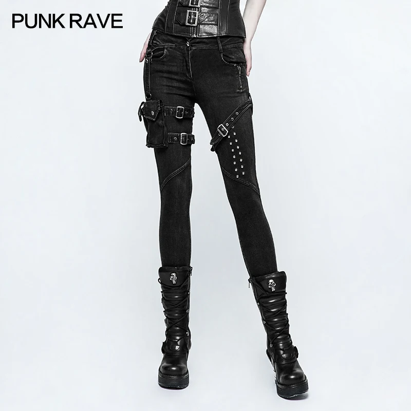 PUNK RAVE Women Pants Punk Rock Heavy Metal Long Pants Casual Black Skinny Jeans Slim Fit Zipper and Rivet Female Skinny Pants