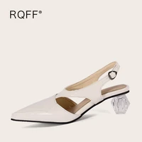 plus size 45 women sandals 2022 summer new fashion pointed toe pu leather transparent med heels buckle strap solid dress shoes