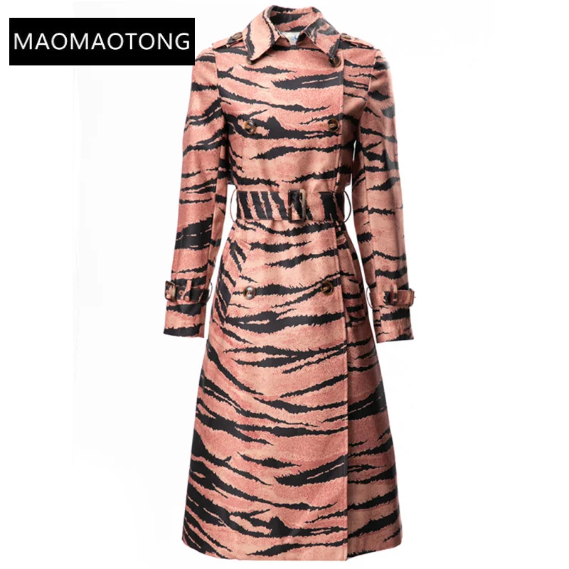 2022 Luxury Designer Runway Elegant Women's Coat Long Trench Turn-down Collar Long sleeve Belted Tiger leather print Overcoat